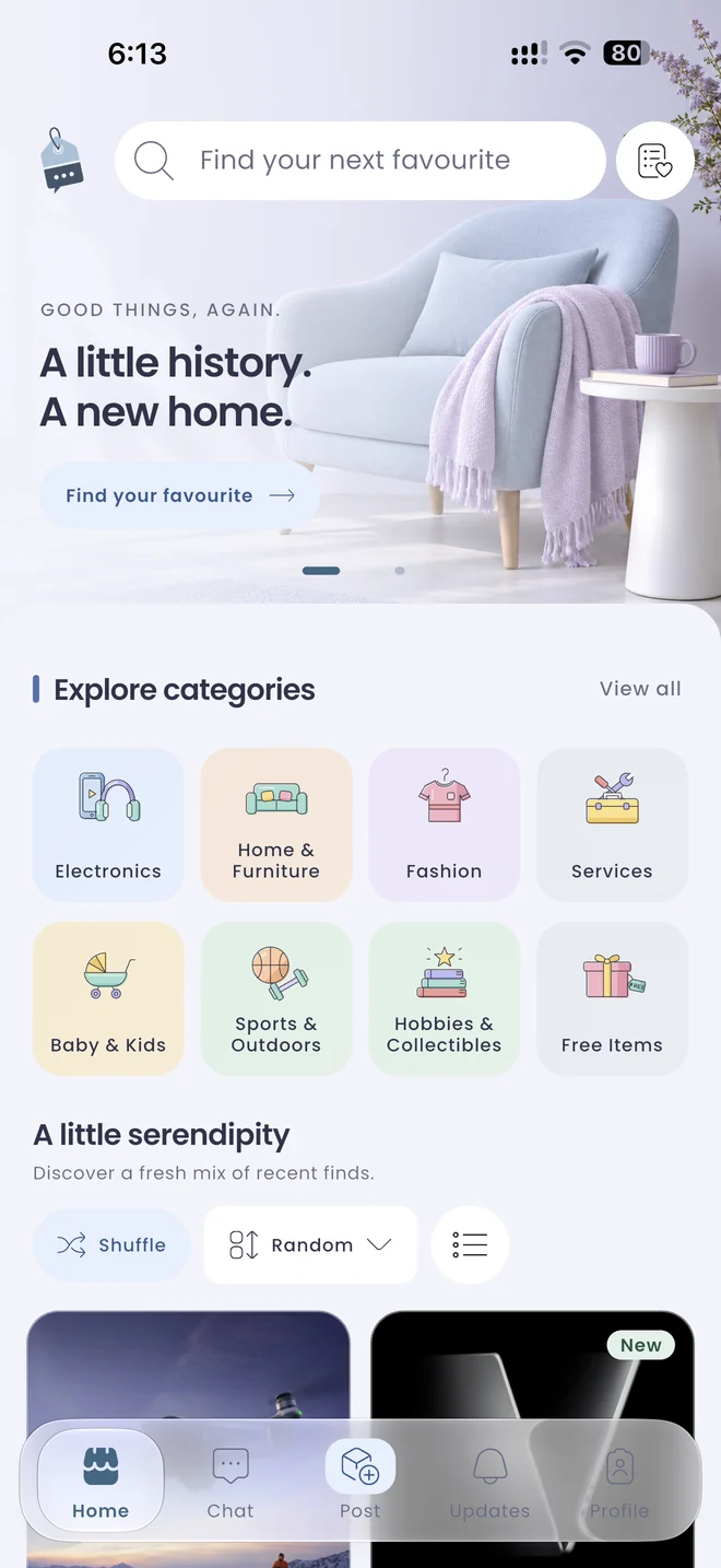 Browse local pre-loved finds and categories on the Second Story home screen.