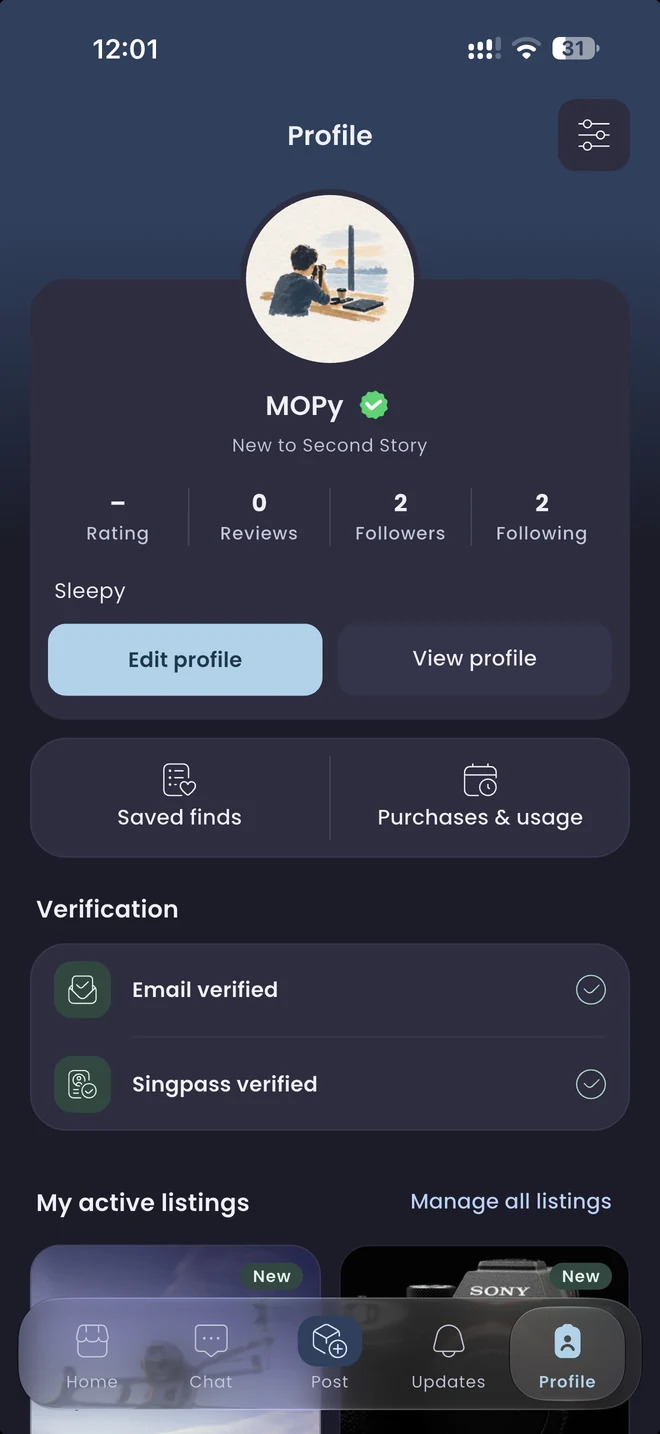MOPy’s Second Story profile in dark mode, with saved finds, verification and active listings.